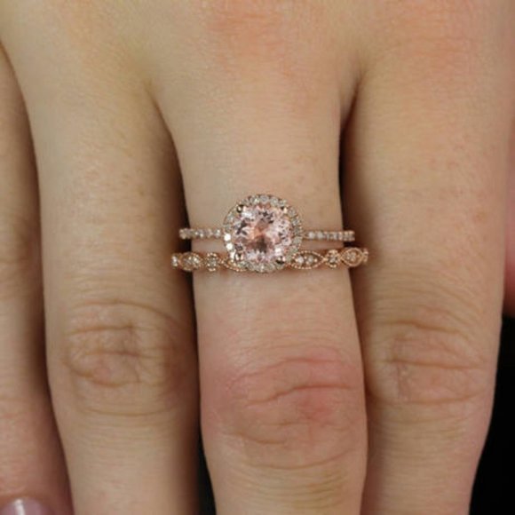 NEW 18K Rose Gold Pink&White Diamond 2P Ring Set - Picture 5 of 5